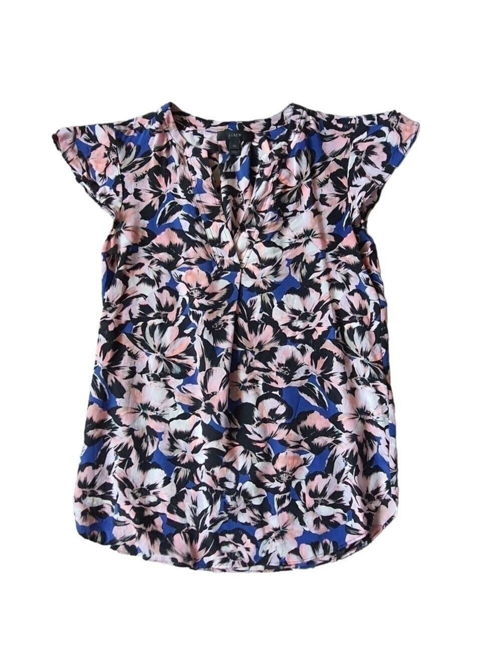 J. Crew Floral Print Top Flutter Cap Sleeve Blouse Blue Pink